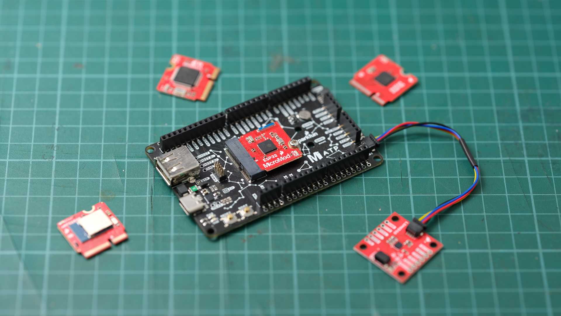 ESP32 module with Sparkfun Micromod carrier board, IMU breakout board connected via I2C